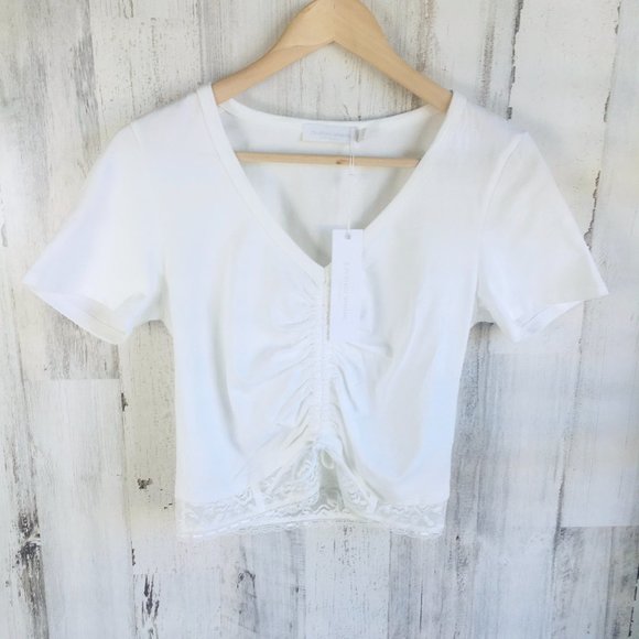 Jonathan Simkhai Tops - NWT Jonathan Simkhai STANDARD Cropped Top Ruched Tee Lace Hem White S